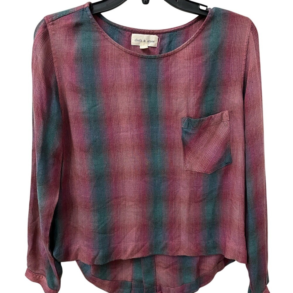 Cloth & Stone Plaid Blouse Medium Burgundy Teal Lace Up Back Long Sleeve Top